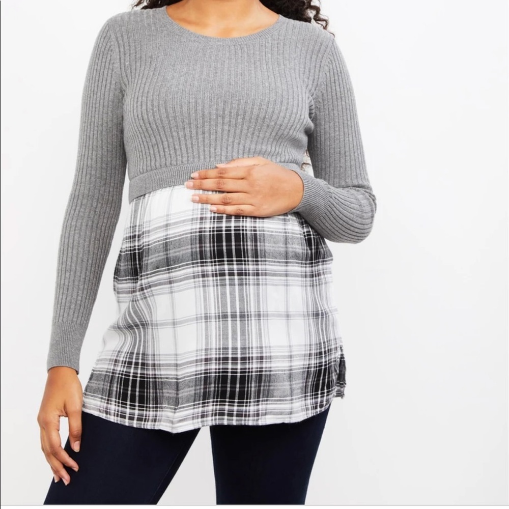 Motherhood Maternity LS Ribbed Sweater w/ Plaid M